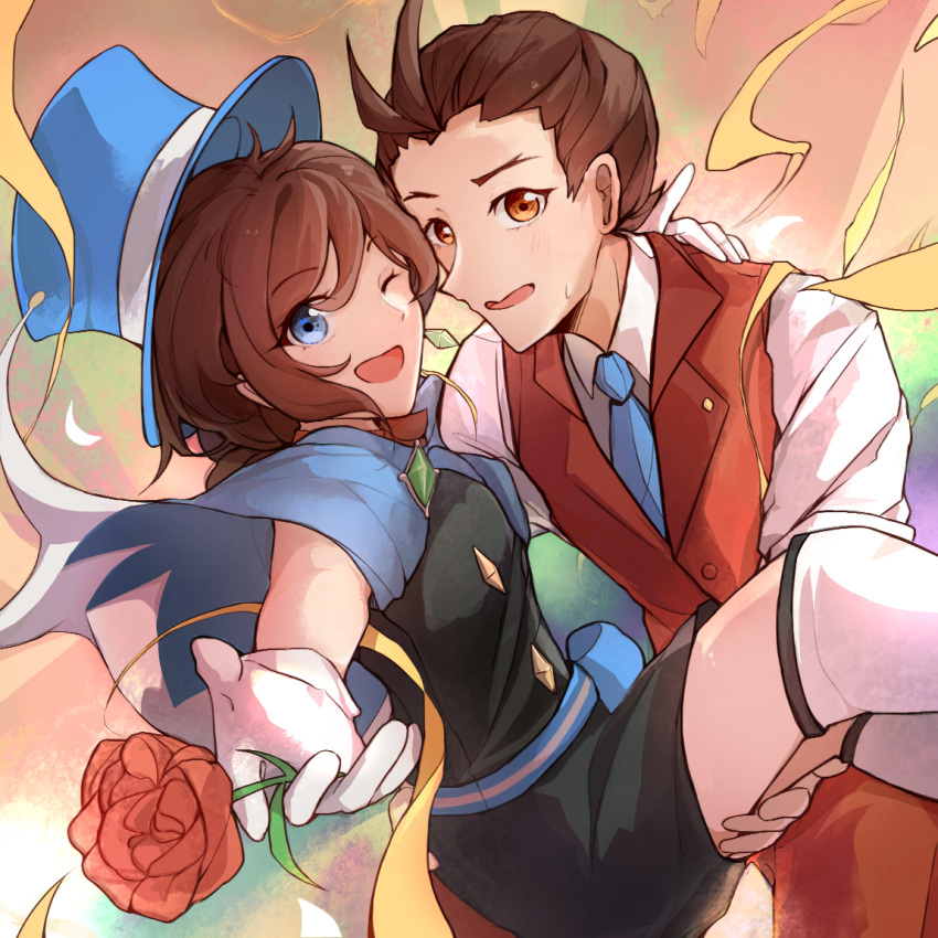1boy 1girl ;d ace_attorney antenna_hair apollo_justice apollo_justice:_ace_attorney arm_around_neck black_shirt black_skirt blue_cape blue_eyes blue_headwear blue_necktie brother_and_sister brown_eyes brown_hair buttons cape carrying chinese_commentary collared_shirt commentary_request cowboy_shot diamond_button dutch_angle floating_clothes flower frown gem gloves green_gemstone hair_between_eyes hair_slicked_back happy hat holding holding_flower light_blush looking_at_viewer magician necktie one_eye_closed open_mouth pencil_skirt princess_carry reaching reaching_towards_viewer red_flower red_rose red_vest ribbon rose shirt short_hair siblings simple_background skirt smile sweatdrop tataraduck top_hat trucy_wright tsurime vest white_gloves white_shirt yellow_ribbon