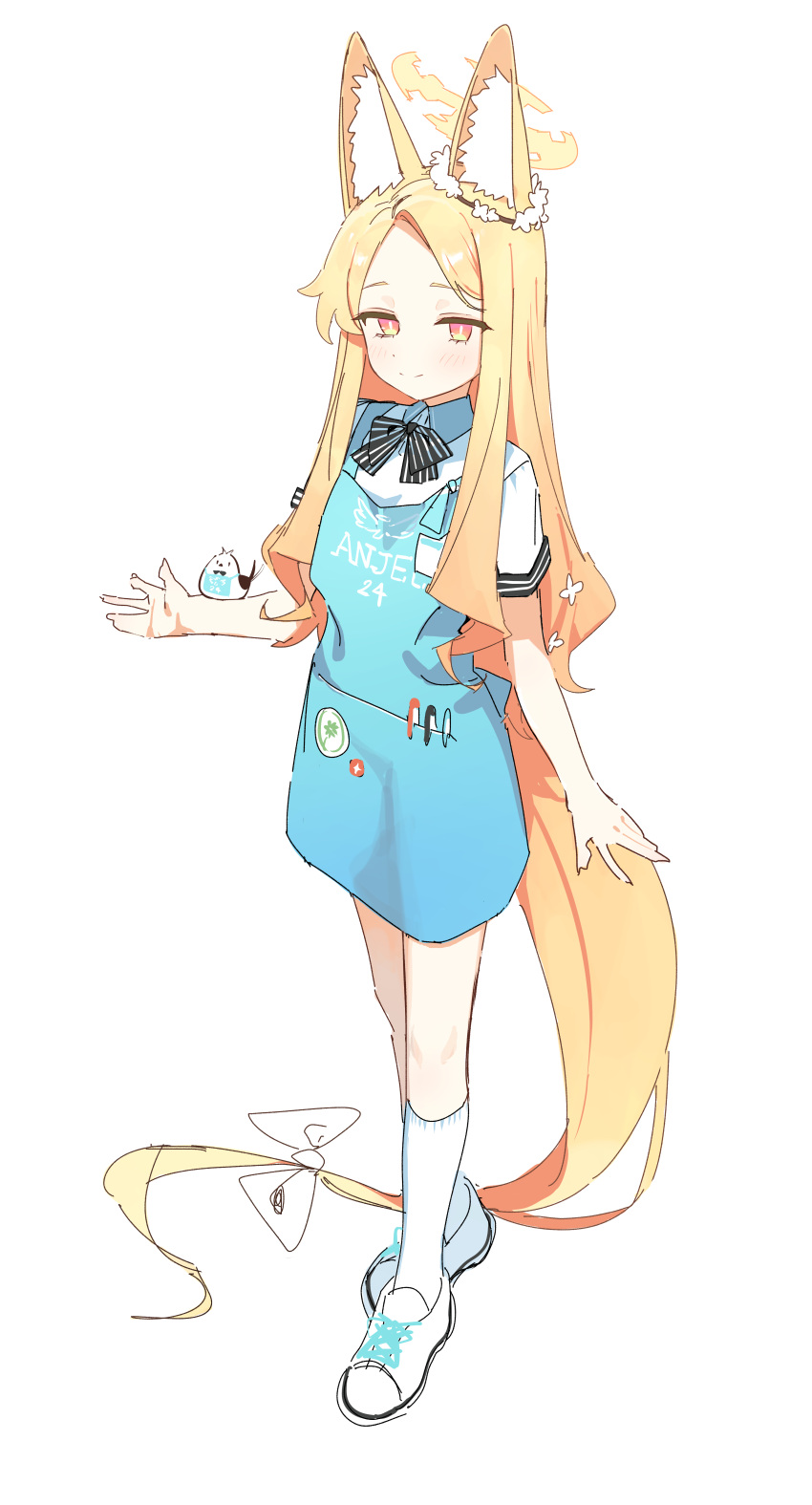 1girl absurdres angel's_24_uniform_(blue_archive) animal animal_ears apron bird blonde_hair blue_apron blue_archive blush closed_mouth collared_shirt extra_ears fox_ears full_body halo highres long_hair polo_shirt seia_(blue_archive) shirt shoes short_sleeves simple_background smile socks solo syhan white_background white_bird white_footwear white_shirt white_socks yellow_eyes yellow_halo