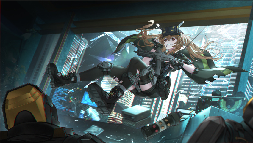 1girl 2others black_cape black_footwear black_gloves black_shorts black_thighhighs boots broken_glass broken_window brown_eyes brown_hair cape carabiner cityscape clenched_teeth commission explosive fingerless_gloves flashbang full_body girls'_frontline_2:_exilium girls_frontline glass gloves grenade grenade_pin_in_mouth gun highres holding holding_grenade holding_gun holding_weapon knee_pads lan_liyu_renzi looking_at_viewer multiple_others parted_lips rope second-party_source shorts single_knee_pad teeth thigh-highs torn_clothes torn_thighhighs trigger_discipline twintails ump9_(girls'_frontline) weapon