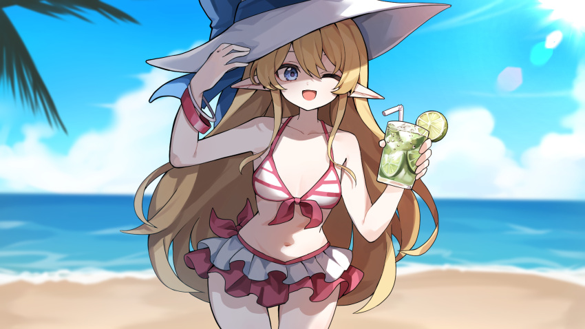 1girl bare_arms bare_shoulders beach bikini blonde_hair blue_eyes highres one_eye_closed original pointy_ears skirt solo swimsuit thighs wang0424