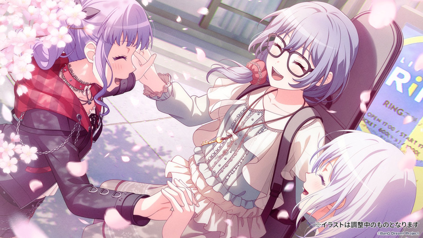 3girls ^_^ aoba_moca asahi_rokka bang_dream! black_jacket blush brown_skirt cherry_blossoms choker closed_eyes collarbone commentary_request copyright_name dappled_sunlight drill_hair falling_petals fang film_grain hair_between_eyes hair_ornament hair_scrunchie highres holding_hands hood hood_down hooded_jacket instrument_case instrument_on_back jacket jewelry key long_sleeves low_side_ponytail multiple_girls necklace official_art open_mouth outdoors petals purple_hair red_choker red_scrunchie scrunchie short_hair sidelocks skirt spiked_choker spikes sunlight teeth translation_request twin_drills udagawa_ako upper_teeth_only white_hair