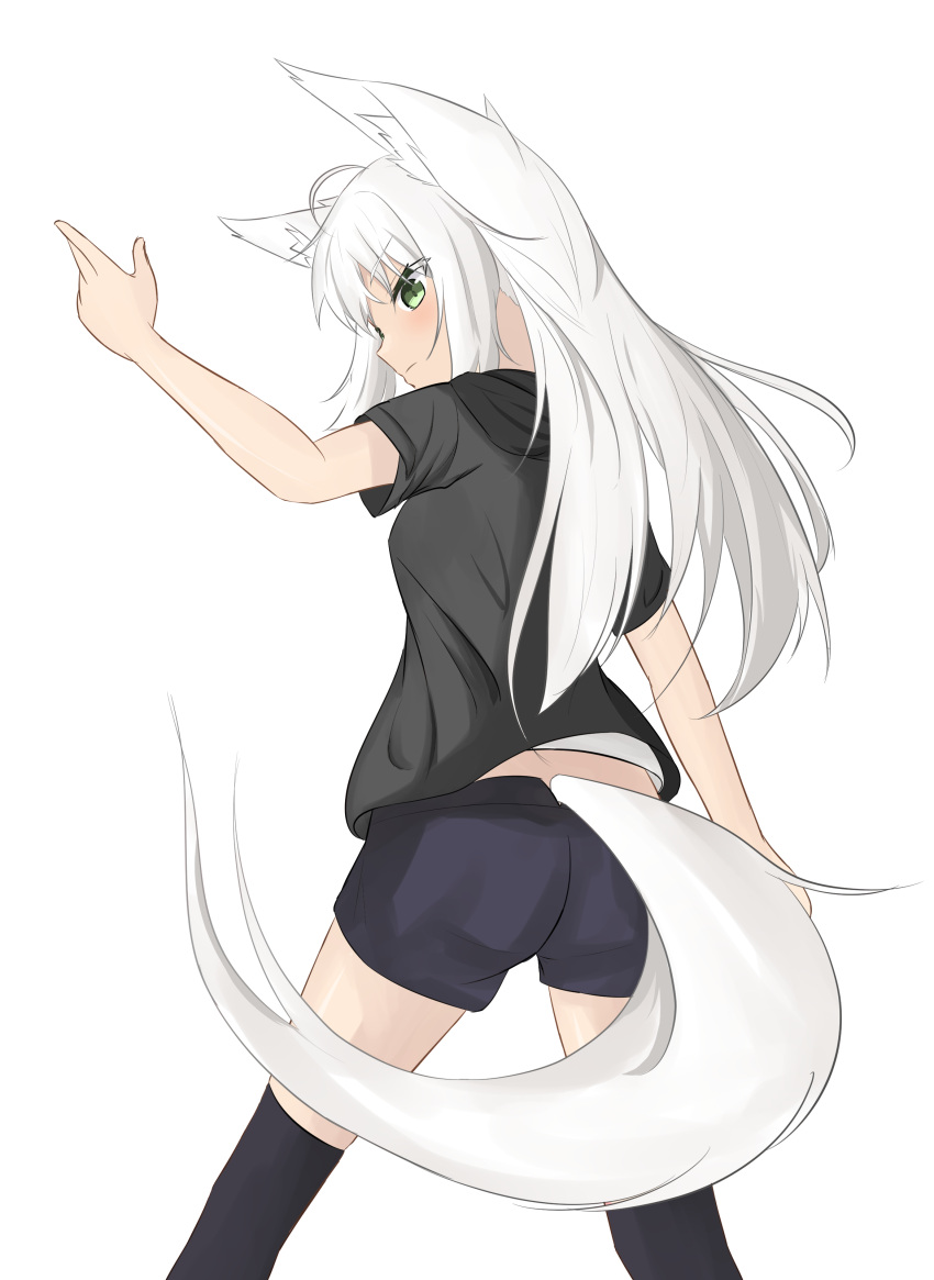 1girl absurdres ahoge animal_ear_fluff animal_ears arm_up black_hoodie black_shorts black_thighhighs closed_mouth commentary_request feet_out_of_frame fox_ears fox_girl fox_tail from_behind green_eyes highres hood hood_down hoodie kuronagi_(mitora_uwu) long_hair looking_to_the_side original short_hair short_shorts shorts simple_background solo standing tail thigh-highs very_long_hair white_background white_hair