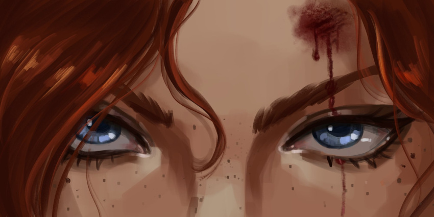 1girl blood blood_on_face blue_eyes close-up eye_focus eye_reflection eyelashes freckles highres league_of_legends liri_runa looking_at_viewer miss_fortune_(league_of_legends) redhead reflection solo straight-on