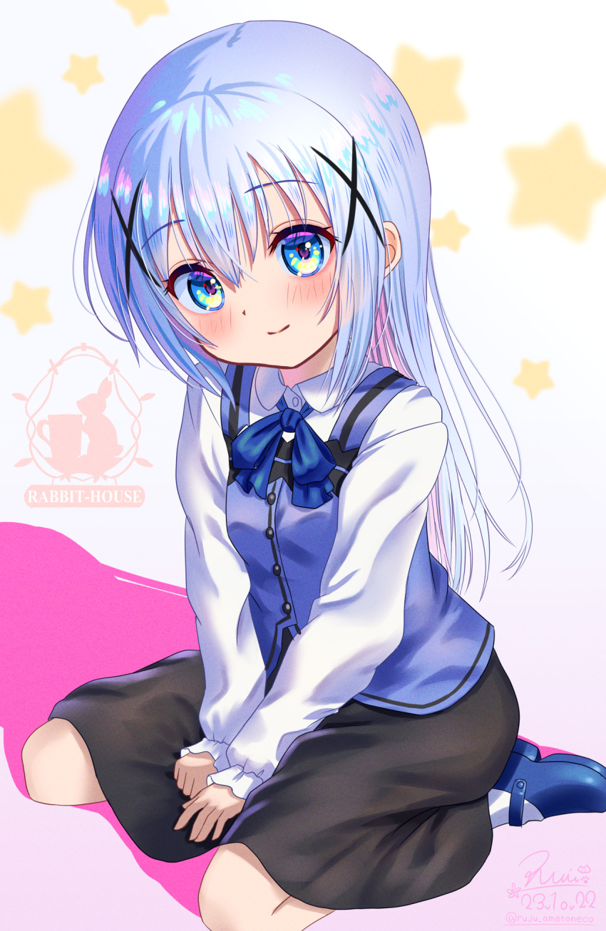 1girl 2023 between_legs black_skirt blue_bow blue_eyes blue_footwear blue_hair blue_vest blush bow closed_mouth collared_shirt commentary dated gochuumon_wa_usagi_desu_ka? hair_between_eyes hair_ornament hand_between_legs happy highres kafuu_chino long_hair looking_at_viewer mary_janes rouge_(my_rouge) shirt shoes sidelocks signature simple_background sitting skirt sleeves_past_wrists smile solo star_(symbol) straight_hair tareme v_arms vest waitress wariza white_background white_shirt x_hair_ornament