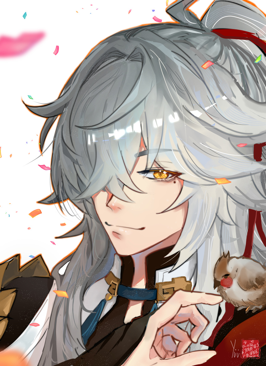 1boy absurdres artist_name bird chinese_clothes confetti grey_hair hair_over_one_eye highres honkai:_star_rail honkai_(series) jing_yuan jtstiei57056 male_focus mole mole_under_eye ponytail portrait sidelocks smile solo tassel white_background yellow_eyes