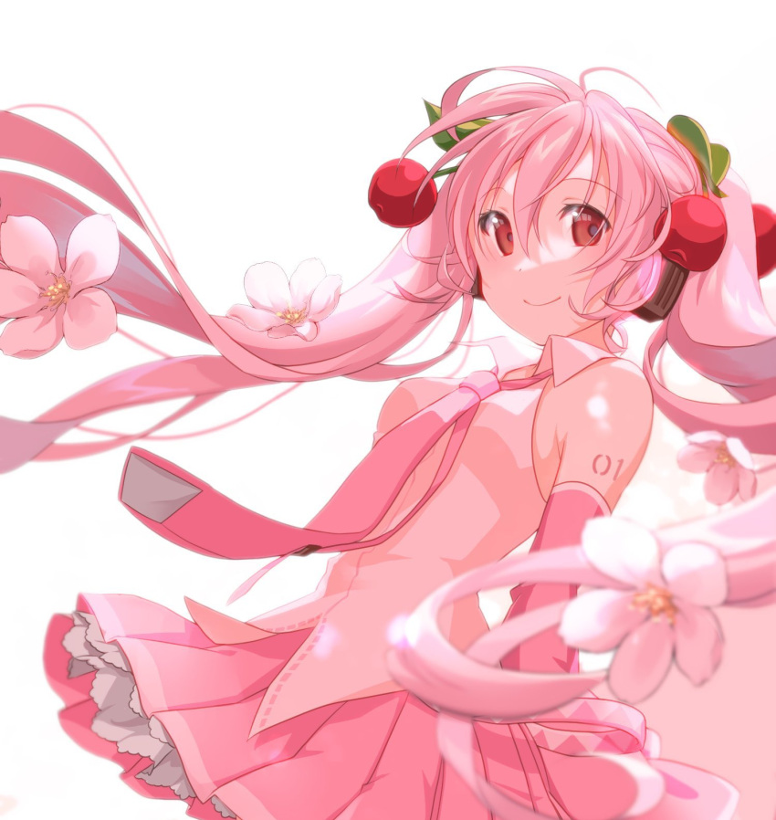 1girl aira_(exp) arms_behind_back bare_shoulders belt cherry_blossoms cherry_hair_ornament closed_mouth collared_shirt cowboy_shot detached_sleeves dot_nose floating_hair food-themed_hair_ornament from_side hair_between_eyes hair_ornament hatsune_miku headset highres long_hair long_sleeves looking_at_viewer loose_belt miniskirt necktie number_tattoo pink_hair pink_necktie pink_skirt pink_sleeves pleated_skirt red_eyes sakura_miku shirt sidelocks simple_background skirt smile solo tattoo twintails very_long_hair vocaloid white_background white_shirt