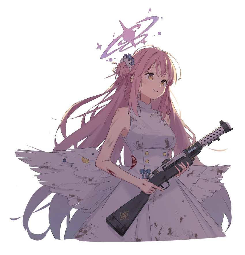 1girl angel_wings bare_shoulders blood blood_on_arm blood_on_clothes blood_on_face blue_archive breasts buttons closed_mouth cropped_legs dirty dirty_clothes double-breasted feathered_wings floating_hair flower gun hair_bun hair_flower hair_ornament halo high-waist_skirt highres holding holding_gun holding_weapon lanchester_smg long_hair low_wings mika_(blue_archive) mikan_battery pink_hair pink_halo shirt sidelocks simple_background single_hair_bun single_side_bun skirt sleeveless sleeveless_shirt smile solo submachine_gun torn_clothes trigger_discipline underbust very_long_hair weapon white_background white_skirt white_wings wing_ornament wings yellow_eyes