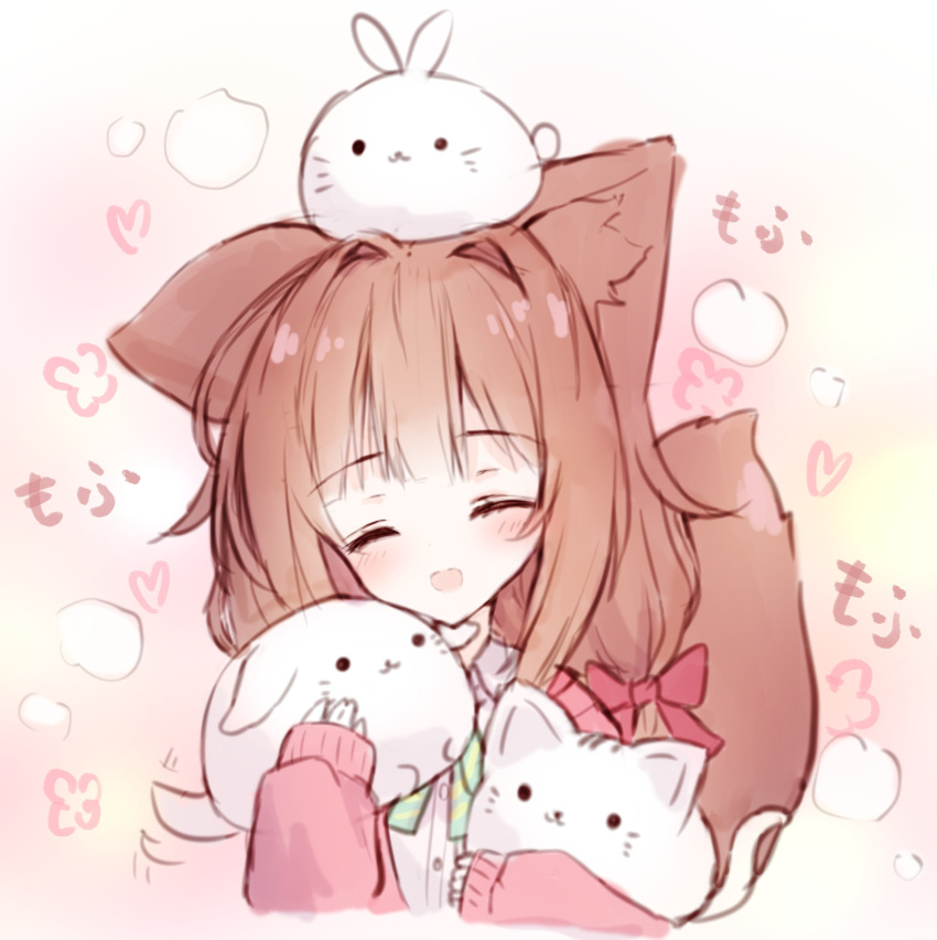 1girl :d ^_^ animal animal_ear_fluff animal_ears animal_on_head blush bow brown_hair cat closed_eyes collared_shirt commentary_request dog dress_shirt facing_viewer green_bow hair_bow hair_intakes heart highres holding holding_animal jacket long_hair long_sleeves on_head open_clothes open_jacket original pink_jacket puffy_long_sleeves puffy_sleeves rabbit red_bow shirt sleeves_past_wrists smile solo tail tandohark upper_body white_cat white_shirt