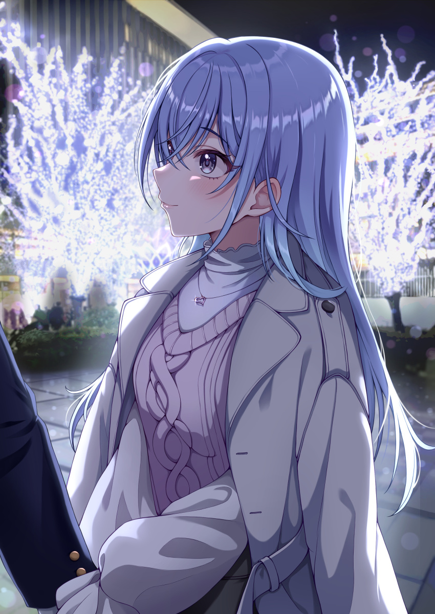 1girl absurdres blue_hair blush closed_mouth coat coat_on_shoulders crossed_bangs hair_between_eyes highres holding_hands idolmaster idolmaster_shiny_colors jewelry long_hair long_sleeves looking_at_another necklace night producer_(idolmaster) ribbed_sweater smile solo_focus sorugi_park straight_hair suzuki_hana sweater violet_eyes white_coat