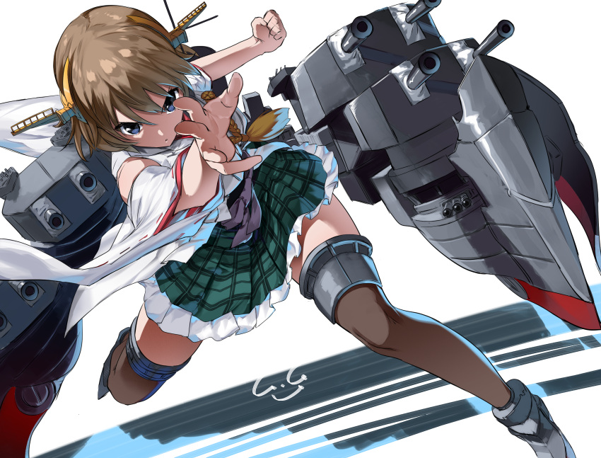 1girl adapted_turret ahoge bare_shoulders blue_eyes blush breasts brown_hair cannon detached_sleeves flipped_hair gegeron green_skirt hairband headgear hiei_(kancolle) hiei_kai_ni_(kancolle) highres japanese_clothes kantai_collection machinery medium_breasts nontraditional_miko plaid plaid_skirt ribbon-trimmed_sleeves ribbon_trim rigging short_hair signature skirt solo thigh-highs turret white_background