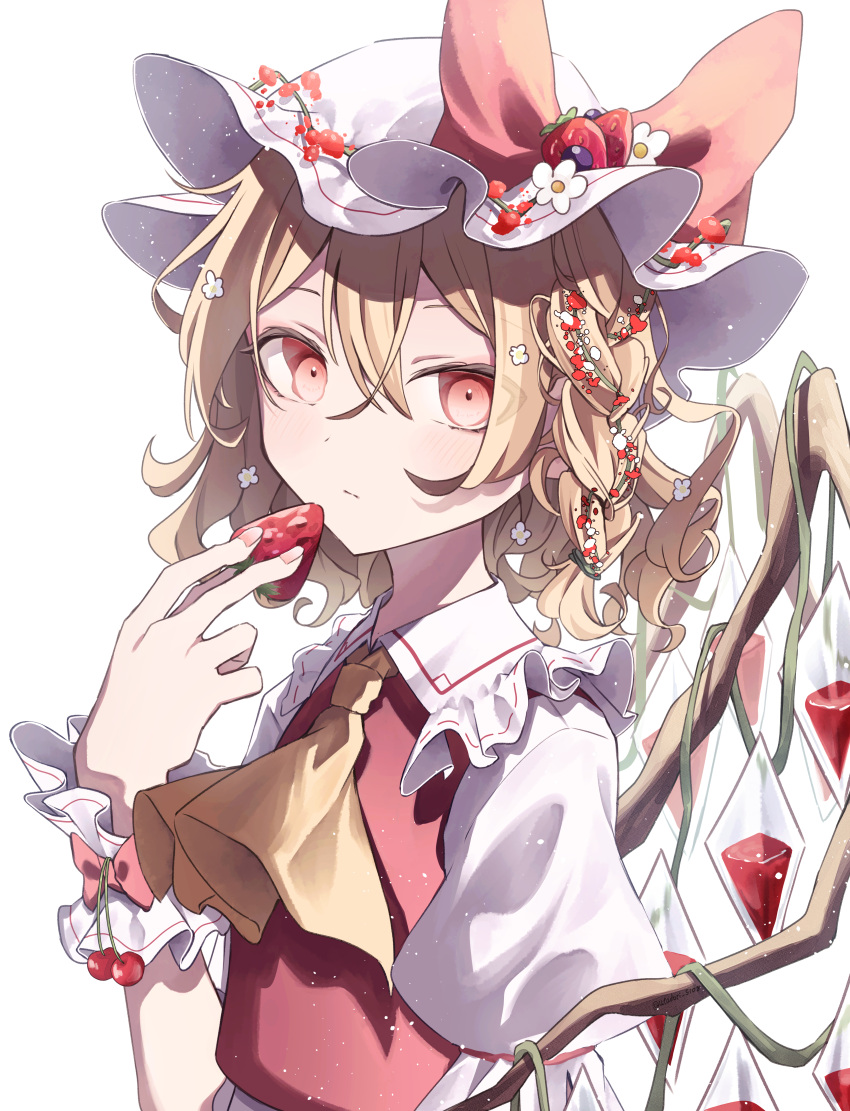 1girl absurdres ascot blonde_hair closed_mouth crystal_wings flandre_scarlet flower food frills from_side fruit gagaku_kawa_rei hair_flower hair_ornament hat hat_ribbon highres looking_at_viewer medium_hair mob_cap puffy_short_sleeves puffy_sleeves red_eyes red_nails red_ribbon ribbon short_sleeves side_ponytail simple_background solo strawberry touhou upper_body white_background yellow_ascot