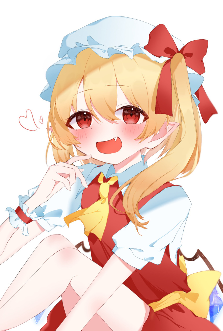 1girl ascot blonde_hair blush cowboy_shot dress fang flandre_scarlet hat hat_ribbon heart highres medium_hair mob_cap okuraume_0 open_mouth red_dress red_eyes red_ribbon ribbon short_sleeves side_ponytail simple_background solo touhou white_background yellow_ascot