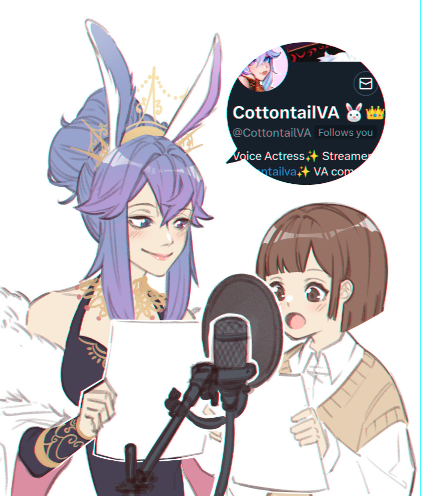 2girls :o absurdres animal_ears artist_self-insert blue_eyes blue_hair bob_cut breasts brown_eyes brown_hair brown_sweater commentary cottontail_(vtuber) english_commentary fur_trim gradient_hair hair_bun heterochromia highres holding holding_paper indie_virtual_youtuber medium_breasts microphone multicolored_hair multiple_girls off_shoulder open_mouth original paper pop_filter purple_hair rabbit_ears short-sleeved_sweater short_hair short_sleeves sidelocks single_hair_bun smile sweater tama_gotoh tiara twitter violet_eyes yoruny