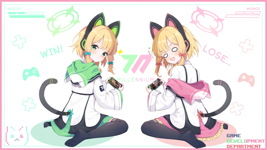 2girls absurdres animal_ear_headphones animal_ears black_thighhighs blonde_hair blue_archive blush border bow cat_ear_headphones cat_tail closed_mouth exusiai_dust fake_animal_ears flying_sweatdrops full_body green_bow green_eyes green_halo hair_bow halo handheld_game_console headphones highres holding holding_handheld_game_console jacket long_sleeves looking_at_viewer midori_(blue_archive) momoi_(blue_archive) multiple_girls open_mouth pink_border pink_halo playing_games shirt short_hair sitting smile soles sweatdrop tail thigh-highs toes wariza white_jacket white_shirt