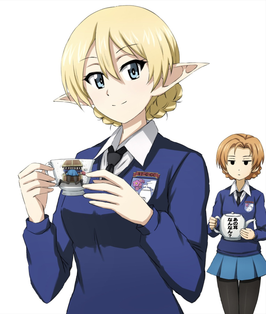2girls :| alternate_ears annotated black_necktie black_pantyhose blonde_hair blue_eyes blue_skirt blue_sweater braid closed_mouth commentary cup darjeeling_(girls_und_panzer) dress_shirt emblem frieren_stuck_in_a_mimic_(meme) girls_und_panzer highres holding holding_cup holding_teapot jitome long_sleeves looking_at_another looking_at_viewer meme mimic mimic_chest miniskirt multiple_girls necktie omachi_(slabco) orange_hair orange_pekoe_(girls_und_panzer) pantyhose pleated_skirt pointy_ears school_uniform shirt short_hair simple_background skirt smile sousou_no_frieren st._gloriana's_(emblem) st._gloriana's_school_uniform sweater teacup teapot translated twin_braids v-neck white_background white_shirt wing_collar