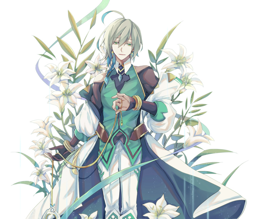1boy absurdres ahoge ainchase_ishmael asymmetrical_gloves black_gloves black_shirt blue_hair bracelet braid clothing_cutout coat colored_inner_hair commentary earrings elsword flower gloves god's_agent_(elsword) gold_bracelet green_eyes green_vest grey_hair hair_between_eyes hair_over_shoulder highres holding_pendulum jewelry light_particles lily_(flower) long_sleeves looking_at_viewer male_focus multicolored_hair nga_(ray_ray) off_shoulder open_mouth pants partially_fingerless_gloves pendulum shirt shoulder_cutout side_braid simple_background smile solo standing vest white_background white_coat white_flower white_pants