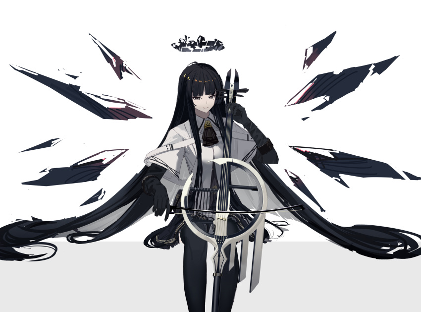 1girl absurdres antenna_hair arknights ascot belt belt_buckle belt_pouch black_ascot black_belt black_gloves black_hair black_halo black_skirt black_thighhighs black_wings blunt_bangs bow_(music) breasts broken_halo buckle cello closed_mouth collared_jacket colored_inner_hair commentary dark_halo detached_wings energy_wings feet_out_of_frame gloves grey_eyes grey_hair grey_shirt hair_spread_out halo hand_up highres hime_cut hino134 holding holding_bow_(music) holding_instrument holding_violin instrument jacket knees layered_sleeves long_hair long_sleeves looking_at_viewer miniskirt mole mole_under_eye multicolored_hair music pale_skin playing playing_instrument pouch shadow shirt short-sleeved_jacket short_over_long_sleeves short_sleeves sidelocks simple_background sitting skirt small_breasts smile solo straight_hair strap thigh-highs two-tone_hair very_long_hair violin virtuosa_(arknights) white_background white_jacket wide_sleeves wing_collar wings