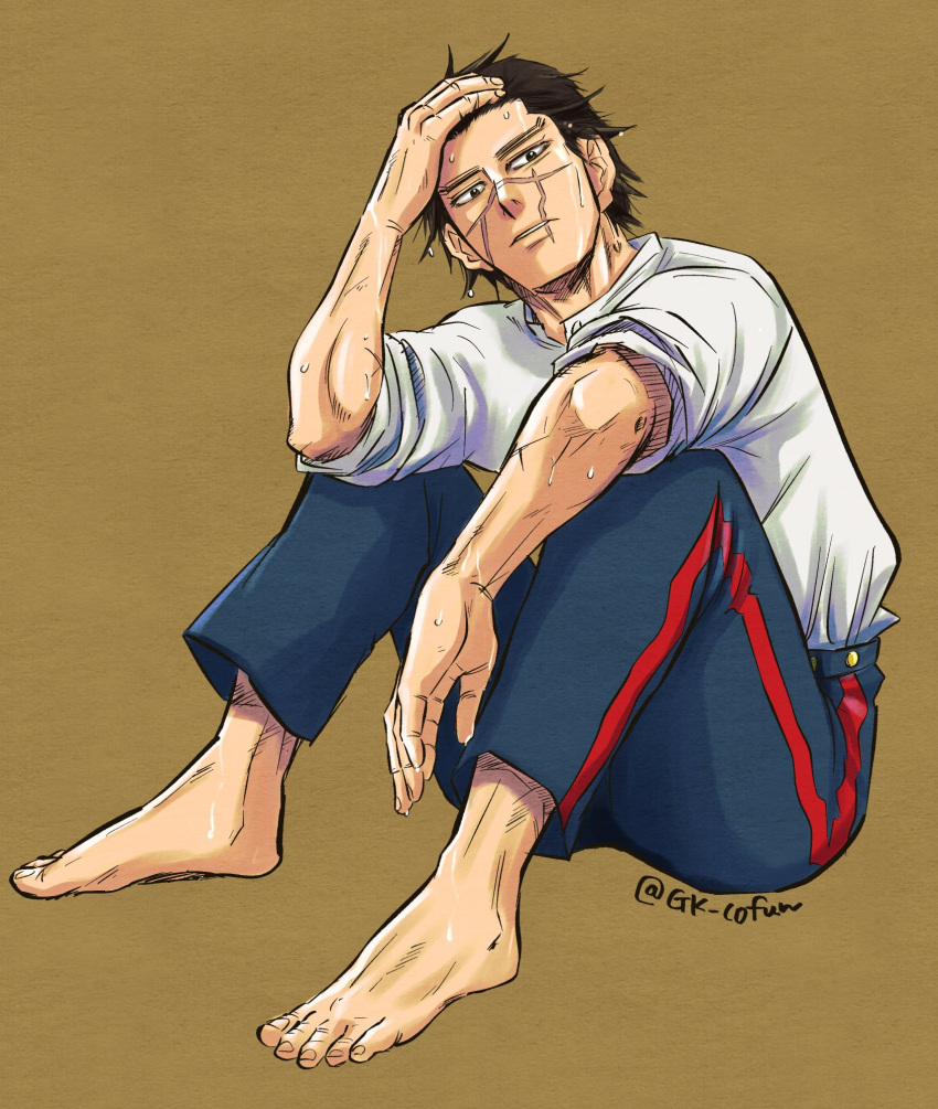 1boy barefoot birthday collared_shirt expressionless full_body gk_cofun golden_kamuy hand_in_own_hair highres looking_at_viewer male_focus no_headwear official_style pants scar scar_on_cheek scar_on_face scar_on_nose shirt short_hair sitting solo sugimoto_saichi sweat very_sweaty