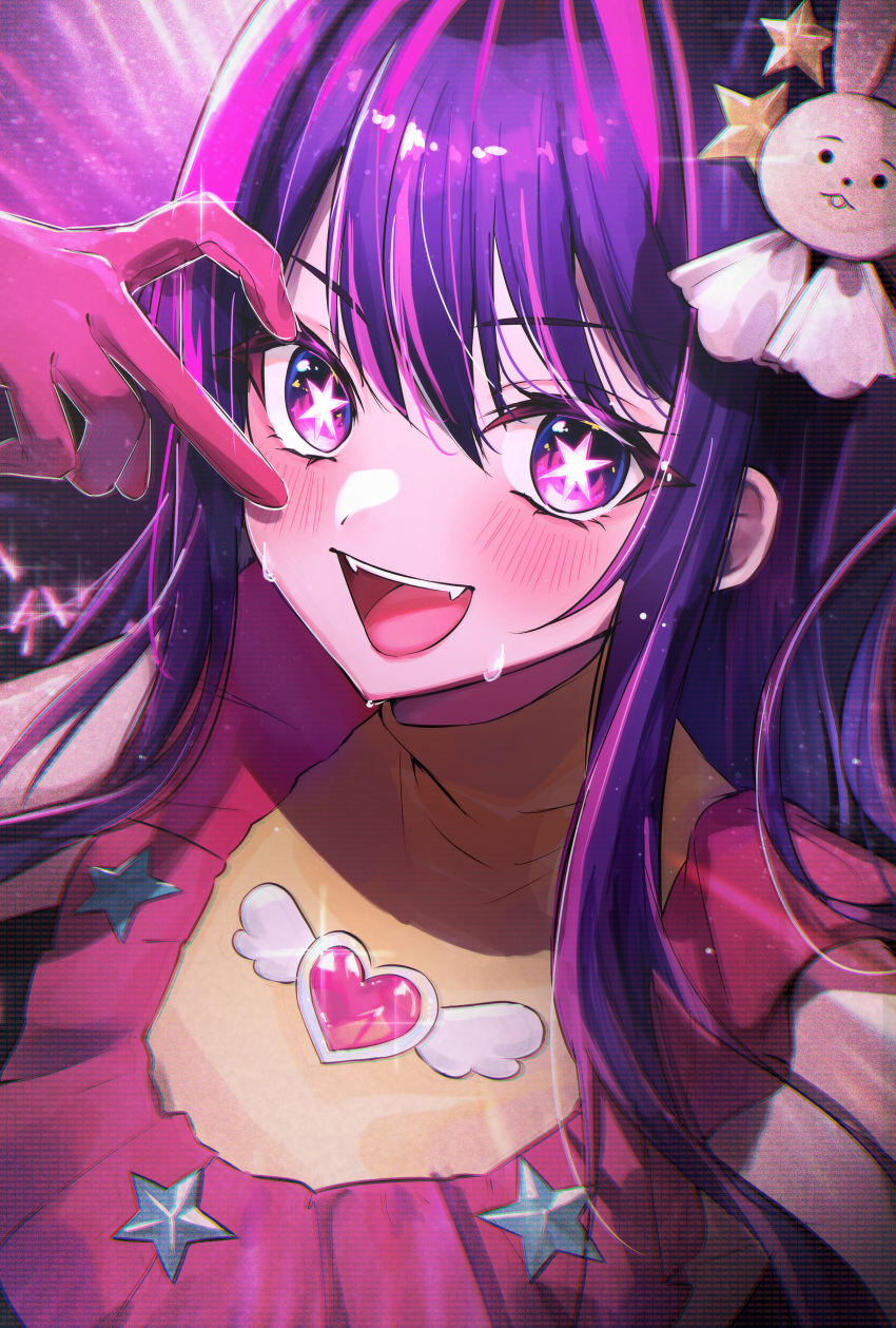 1girl absurdres akai_ame blush commentary dress gloves hair_ornament half-heart_hands highres hoshino_ai_(oshi_no_ko) long_hair looking_at_viewer multicolored_hair open_mouth oshi_no_ko pink_gloves pink_hair purple_hair smile solo star-shaped_pupils star_(symbol) star_hair_ornament streaked_hair sweat symbol-shaped_pupils teeth upper_teeth_only violet_eyes
