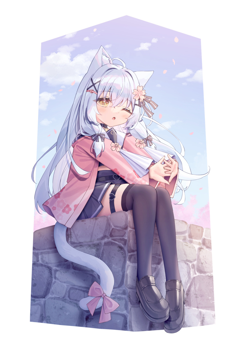 1girl ;o ahoge animal_ear_fluff animal_ears black_footwear black_serafuku black_shirt black_skirt black_thighhighs blue_sky blush cat_ears cat_girl cat_tail clouds commentary_request day flower grey_hair hair_between_eyes hair_flower hair_intakes hair_ornament heart highres interlocked_fingers jacket loafers long_hair long_sleeves looking_at_viewer one_eye_closed open_clothes open_jacket original outstretched_arms parted_lips petals pink_flower pink_jacket pleated_skirt sailor_collar satsuki_yukimi school_uniform serafuku shirt shoes sidelocks sitting skirt sky solo stone_wall stretching tail thigh-highs thigh_strap very_long_hair white_sailor_collar wide_sleeves x_hair_ornament yellow_eyes