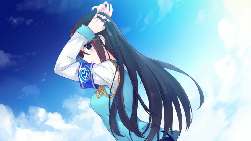 armband black_hair blue_eyes blue_vest clouds cloudy_sky highres krt_girls long_hair long_sleeves shirt sky smile vest xiao_qiong