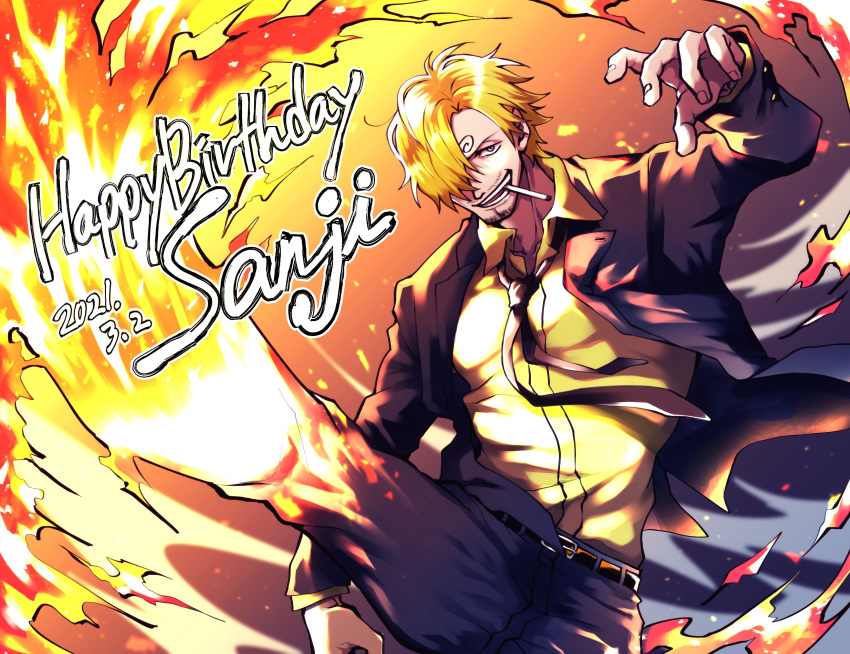 1boy absurdres belt black_jacket black_necktie black_pants blonde_hair character_name cigarette commentary_request curly_eyebrows dated facial_hair fire goatee hair_over_one_eye happy_birthday highres jacket looking_at_viewer male_focus necktie one_piece pants sanji_(one_piece) shi_camellia8 shirt short_hair smile solo yellow_shirt