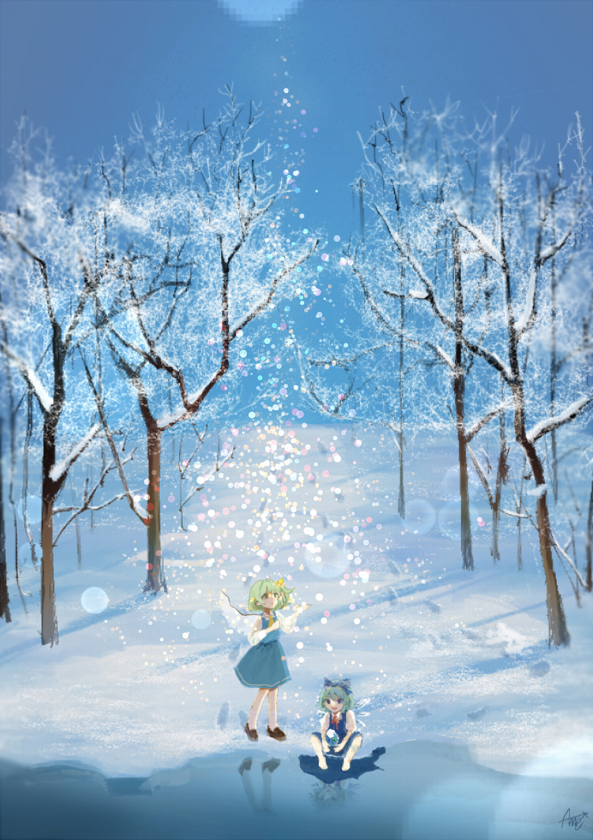 2girls :d absurdres amedama_ameme ascot bare_arms bare_legs bare_tree blue_dress blue_hair blue_sky blurry bokeh bow brown_footwear cirno daiyousei depth_of_field dress green_hair hair_bow highres ice ice_wings light_particles loafers long_sleeves multiple_girls neck_ribbon one_side_up open_mouth outdoors red_ribbon reflection reflective_water ribbon shoes short_hair short_sleeves signature sitting sky smile snow snowing socks standing sun touhou tree water white_sleeves white_socks white_wings wings winter yellow_ascot