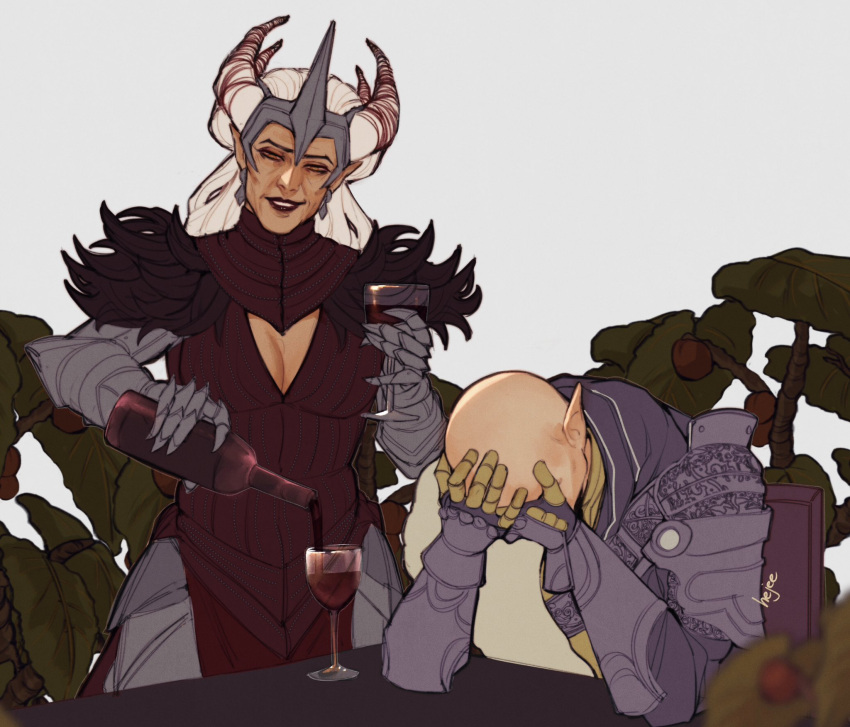 1boy 1girl armor bald covering_face cowboy_shot cup dragon_age dragon_age:_inquisition drinking_glass earrings elf flemeth fur-trimmed_armor fur_trim grey_background headdress hejee highres holding holding_cup hunched_over impossible_hair jewelry long_hair mature_male old old_woman pointy_ears pouring purple_lips sad simple_background smile solas white_hair wine_glass wrinkled_skin