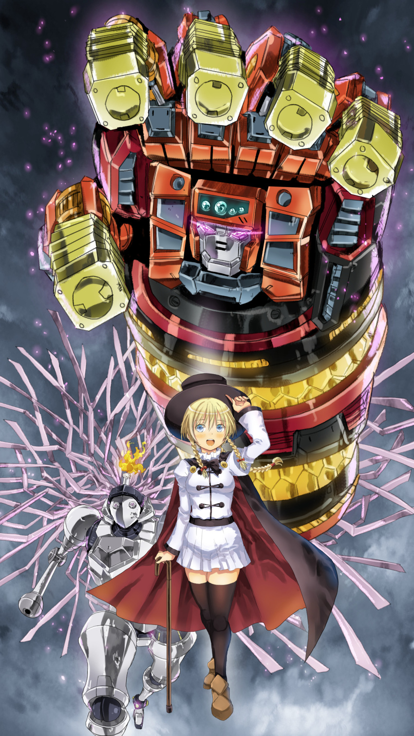 1girl absurdres black_cape black_headwear black_thighhighs blonde_hair blue_eyes blush braid breasts brown_footwear cable cane cape clouds cloudy_sky crossover daimidaler_type-3 fire garimpeiro glowing glowing_eyes goldion_finger hair_between_eyes hakaiou:_gaogaigar_vs._betterman hat highres jacket kenzen_robo_daimidaler looking_at_viewer mecha medium_breasts open_mouth red_cape rikantsu_seabury robot science_fiction skirt sky smile thigh-highs top_hat twin_braids violet_eyes white_jacket white_skirt yuusha_ou_gaogaigar yuusha_series