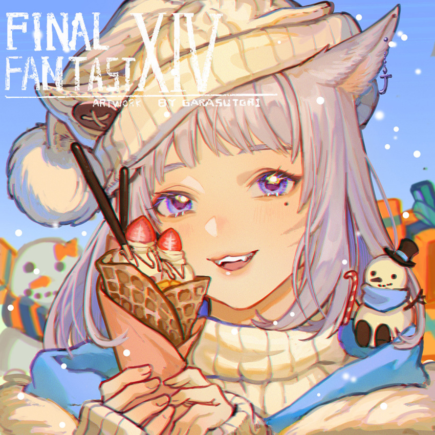 1girl :d animal_ears artist_name candy candy_cane cat_ears cat_girl copyright_name earrings english_text facial_mark fangs final_fantasy final_fantasy_xiv food fruit gift grey_hair guan_tang_baozi holding holding_food jewelry light_blush long_sleeves medium_hair miqo'te mole mole_under_eye pocky portrait single_earring smile snow snowing snowman solo strawberry sweater violet_eyes waffle warrior_of_light_(ff14) whisker_markings white_sweater