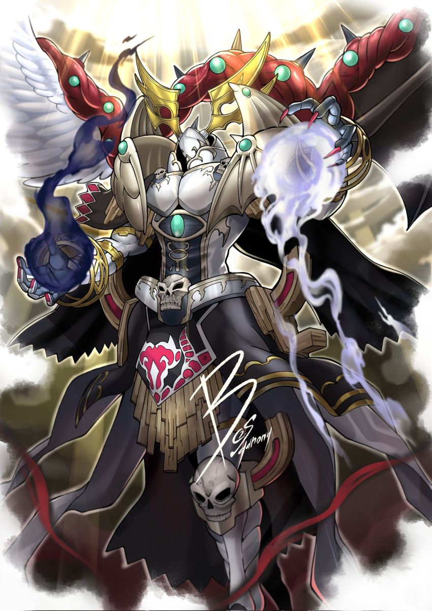 1boy armor bosgarong chaos_angel_(yu-gi-oh!) clouds cloudy_sky duel_monster energy energy_ball faceless faceless_male flying full_armor halo highres light_rays mismatched_wings shoulder_pads signature skull sky solo standing yu-gi-oh!