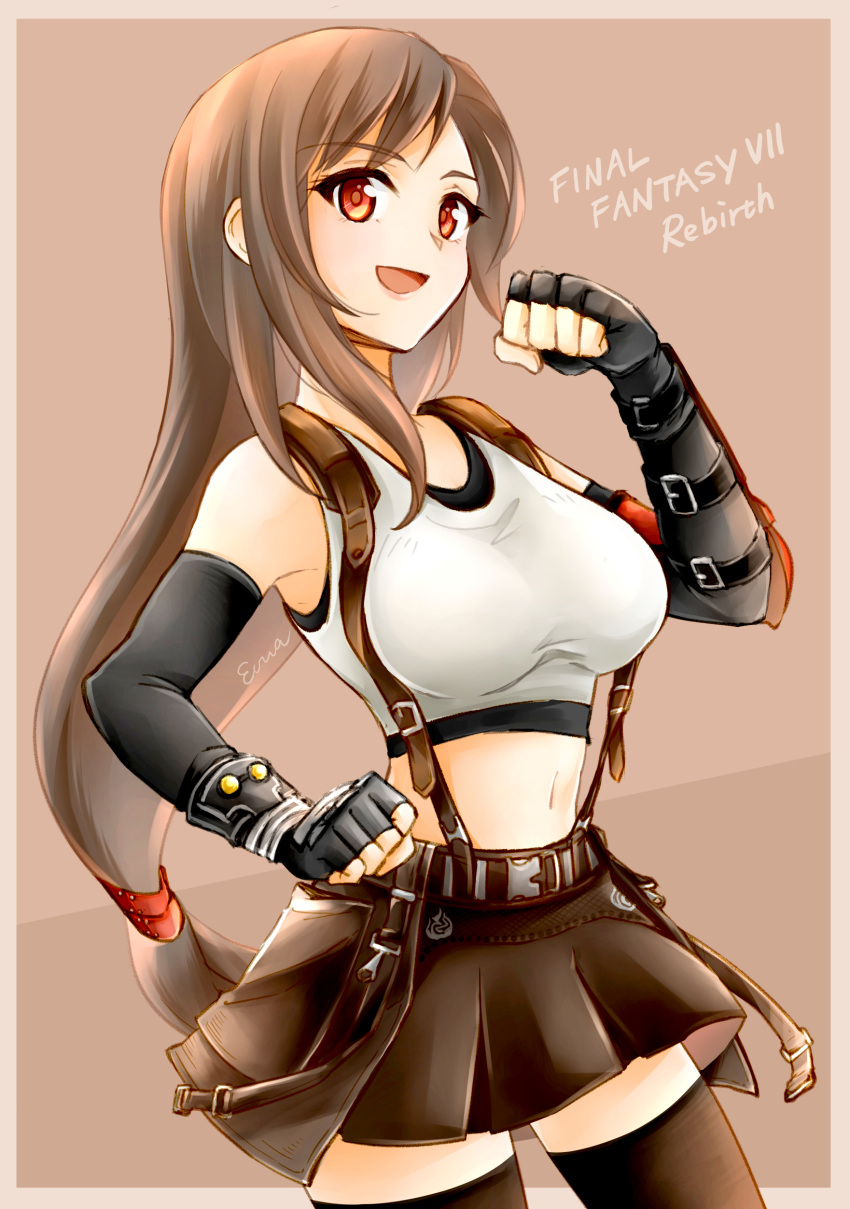 1girl absurdres bare_shoulders belt black_gloves black_skirt black_thighhighs breasts brown_hair eiria0228 elbow_gloves elbow_pads final_fantasy final_fantasy_vii final_fantasy_vii_rebirth final_fantasy_vii_remake fingerless_gloves gloves highres large_breasts long_hair low-tied_long_hair midriff miniskirt navel open_mouth pleated_skirt red_eyes single_elbow_pad skirt smile solo suspenders tank_top thigh-highs tifa_lockhart zettai_ryouiki