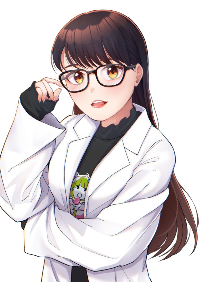 1girl absurdres adjusting_eyewear arm_under_breasts bespectacled black-framed_eyewear black_shirt brown_hair character_request commentary_request copyright_request glasses highres jacket kubota_miyu long_hair long_sleeves looking_at_viewer open_clothes open_jacket open_mouth pink_nails print_shirt real_life rrtp shirt sleeves_past_wrists solo standing upper_body voice_actor white_background white_jacket yellow_eyes