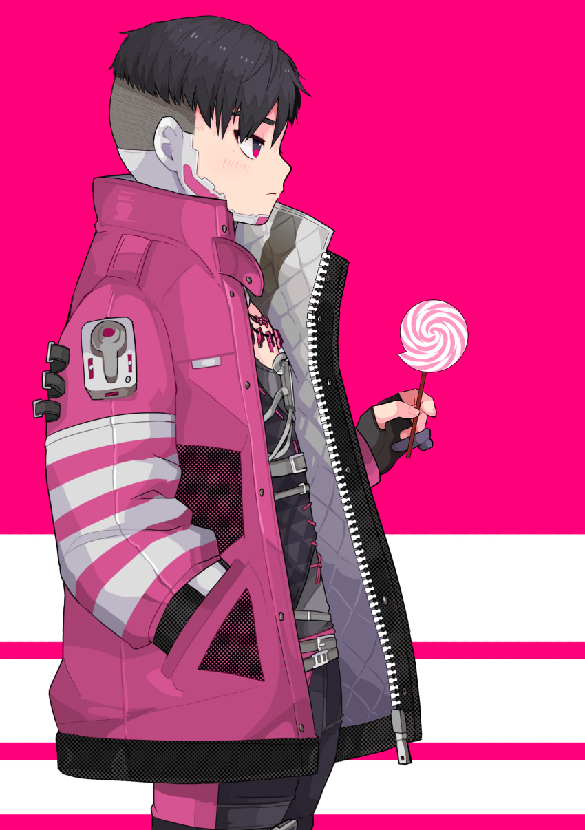 absurdres animification apex_legends belt black_belt black_gloves black_hair black_pants candy crypto_(apex_legends) expressionless food from_side gloves grey_shirt hand_in_pocket highres holding holding_candy holding_food holding_lollipop jacket kansaibito lollipop looking_ahead male_focus pants partially_fingerless_gloves pink_background pink_eyes pink_jacket profile shirt swirl_lollipop