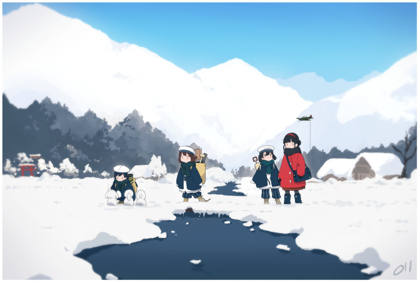4girls a6m5_zero aircraft alternate_hair_color anchor_symbol backpack bag black_hair black_scarf blue_footwear blue_pants blue_sky blunt_bangs boots border bow brown_hair center-flap_bangs character_snowman coat daitou_(kancolle) day dress green_scarf grey_footwear hair_bow hairband hat hiburi_(kancolle) highres house kantai_collection light_blush long_sleeves looking_at_another ma_rukan mountain multiple_girls outdoors pants red_bow red_coat red_hairband sailor_hat scarf scenery shirt short_hair short_ponytail shounan_(kancolle) sidelocks signature sky snow snowman souya_(kancolle) standing stream torii tree twintails white_border white_dress winter winter_clothes winter_coat