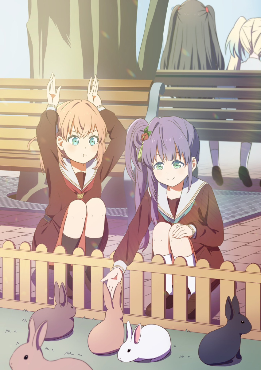 4girls :t ankle_socks arms_up bench black_socks blonde_hair blue_hair brown_dress brown_footwear brown_hair cerise_bouquet closed_mouth commentary dress eyebrows_hidden_by_hair flower fujishima_megumi gradient_hair green_eyes green_neckerchief hair_bun hair_flower hair_ornament hand_on_own_knee hasu_no_sora_school_uniform highres hinoshita_kaho light_blue_hair link!_like!_love_live! loafers long_hair long_sleeves looking_at_animal looking_at_another love_live! makki_do medium_hair multicolored_hair multiple_girls neckerchief orange_hair osawa_rurino otomune_kozue outstretched_arms park_bench pout purple_hair rabbit rabbit_hair_ornament rabbit_pose red_neckerchief sailor_collar school_uniform shoes side_ponytail sidelocks single_hair_bun sitting smile socks squatting too_many too_many_rabbits tree two-tone_hair two_side_up v-shaped_eyebrows white_sailor_collar white_socks winter_uniform