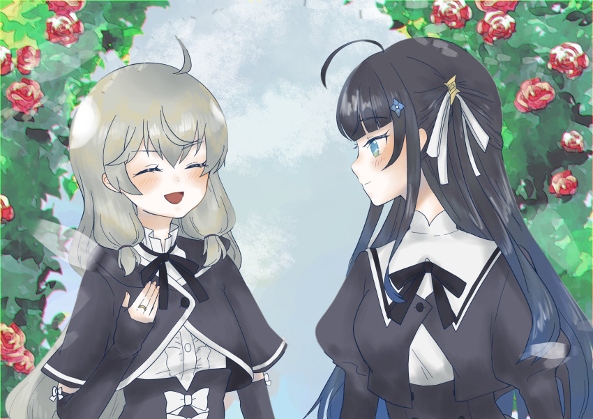 2girls :d ahoge arm_at_side arms_at_sides assault_lily black_hair black_ribbon black_skirt blue_eyes blue_flower blue_hair blunt_bangs blush bow breasts buttons chromatic_aberration closed_mouth commentary cropped_jacket day detached_sleeves facing_another flower frilled_shirt frilled_shirt_collar frilled_sleeves frills fumi_(fumifumi3axl) gradient_hair grey_hair hair_flower hair_ornament hair_ribbon hand_up high-waist_skirt highres hood hood_down jewelry juliet_sleeves kanabako_misora long_hair long_sleeves looking_at_another looking_to_the_side medium_breasts mozuna_noa multicolored_hair multiple_girls neck_ribbon one_side_up open_mouth outdoors profile puffy_sleeves red_flower red_rose ribbon ring rose school_uniform shirt short_sleeves skirt sleeves_past_wrists smile two-tone_hair underbust upper_body very_long_hair white_bow white_ribbon white_shirt yurigaoka_girls_academy_school_uniform