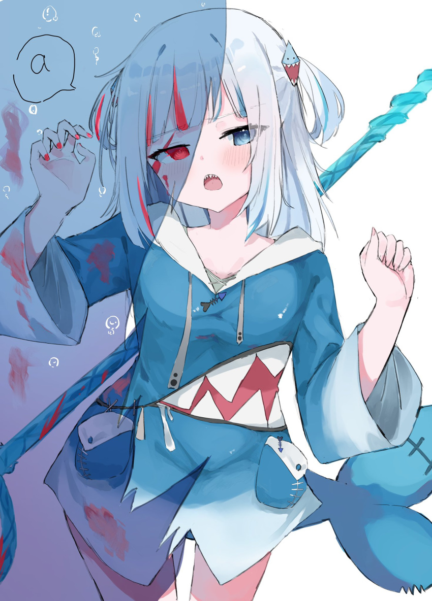 1girl a_(phrase) animal_costume animal_hood blood blood_on_face blue_eyes blue_hair blush fins fish_tail gawr_gura grey_hair hair_ornament highres hololive hood long_hair looking_at_viewer multicolored_hair open_mouth polearm red_eyes red_nails redhead shark_costume shark_girl shark_hair_ornament shark_hood shark_print shark_tail sharp_teeth simple_background solo streaked_hair tail teeth trident virtual_youtuber weapon white_background yuizayoi962