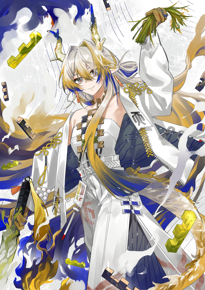 1girl absurdres arknights bare_shoulders blonde_hair blue_hair closed_mouth collarbone dragon_girl dragon_horns dragon_tail earrings feet_out_of_frame grey_hair hair_intakes highres holding holding_plant horns jacket jewelry long_sleeves looking_at_viewer multicolored_hair off_shoulder open_clothes open_jacket pants plant pointy_ears rice_(plant) shidare_(youh4016) shirt shu_(arknights) smile solo strapless strapless_shirt tail tassel tassel_earrings white_jacket white_pants white_shirt