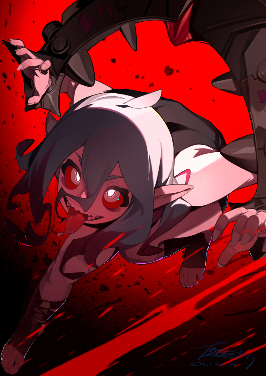 1girl absurdres blood briar_(league_of_legends) colored_sclera fingernails grey_hair highres league_of_legends linween long_hair pillory sharp_teeth solo teeth toeless_legwear tongue tongue_out vampire