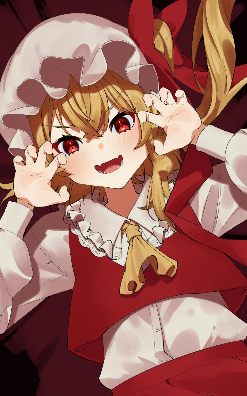 1girl absurdres ascot awoyo_519 blonde_hair claw_pose cowboy_shot dutch_angle fangs flandre_scarlet frills hat hat_ribbon highres looking_at_viewer medium_hair mob_cap open_mouth red_eyes red_ribbon ribbon side_ponytail solo touhou yellow_ascot