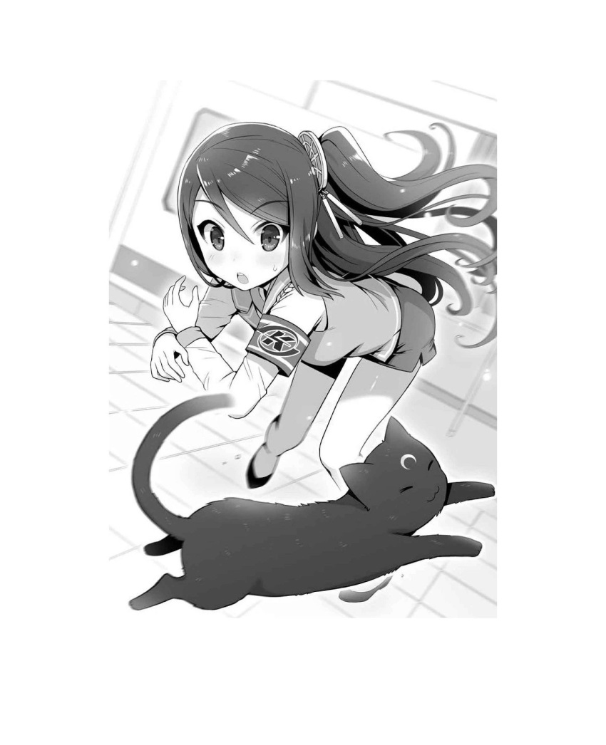 armband cat greyscale highres krt_girls long_hair long_sleeves miniskirt monochrome one_side_up parted_bangs shirt simon_creative_tw skirt vest xiao_qiong