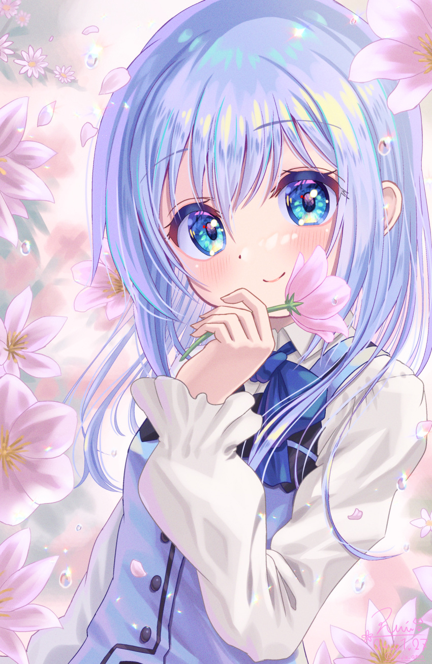 1girl 2024 arm_at_side blue_bow blue_eyes blue_hair blue_vest blush bow closed_mouth colored_eyelashes commentary_request dated floral_background flower gochuumon_wa_usagi_desu_ka? hair_between_eyes hand_up highres holding holding_flower kafuu_chino long_hair long_sleeves looking_at_viewer pink_flower puffy_long_sleeves puffy_sleeves rouge_(my_rouge) shirt signature smile solo straight_hair tareme upper_body vest waitress water_drop white_shirt