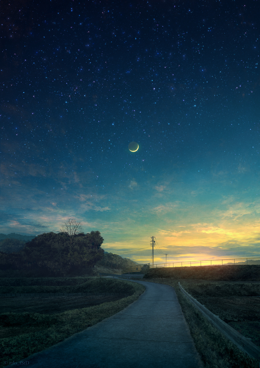 clouds commentary_request crescent_moon evening fence guard_rail highres landscape mks moon no_humans original outdoors power_lines road scenery sky star_(sky) starry_sky sunset tree utility_pole vanishing_point