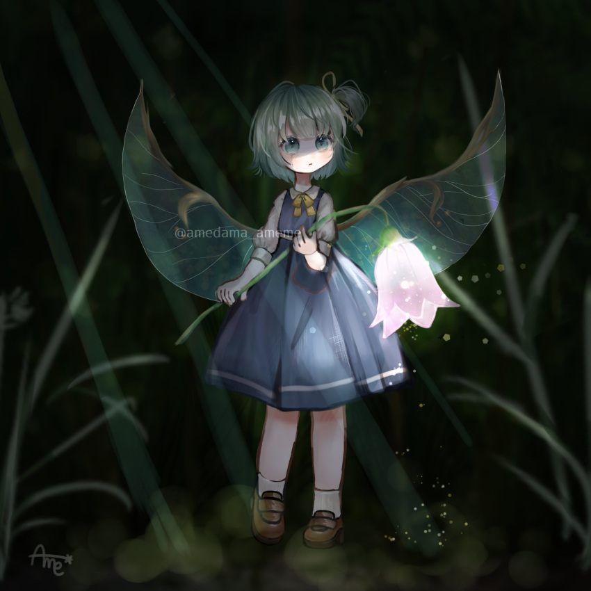 1girl amedama_ameme bare_legs black_background blue_dress blunt_bangs bow bowtie brown_footwear daiyousei dark dress fairy fairy_wings flower full_body glowing glowing_flower green_eyes green_hair highres holding holding_flower lily_of_the_valley loafers mini_person minigirl one_side_up parted_lips shirt shoes short_hair short_sleeves socks solo standing touhou twitter_username watermark white_shirt white_socks wings yellow_bow yellow_bowtie