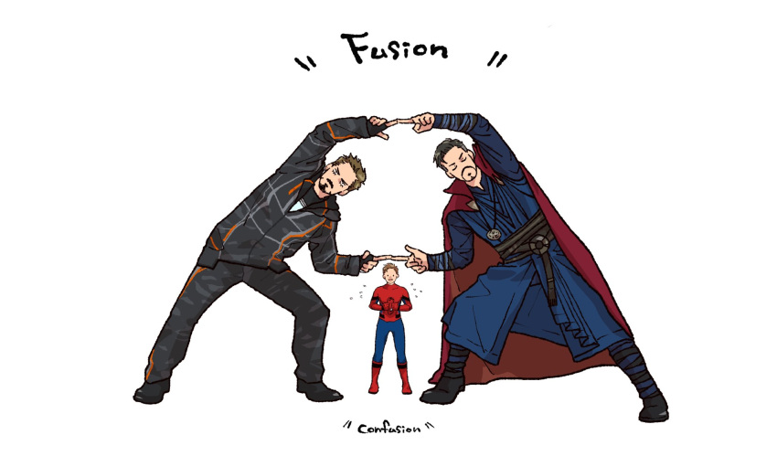 3boys animal_print arc_reactor arms_up avengers:_infinity_war avengers_(series) belt black_belt black_eyes black_footwear black_hair black_shirt blue_bodysuit blue_pants blue_shirt bodysuit boots brown_hair cloak closed_eyes commentary_request covered_collarbone doctor_strange english_text facial_hair full_body grey_jacket grey_pants hands_up highres holding holding_mask hood hooded_jacket jacket jewelry long_sleeves looking_at_another looking_at_viewer male_focus marvel marvel_cinematic_universe mask mochishio multiple_boys necklace no_mouth open_mouth pants peter_parker red_bodysuit red_cloak red_mask shirt shoes short_hair simple_background smile spider-man spider_print standing superhero_costume t-shirt tony_stark two-tone_bodysuit v-shaped_eyebrows white_background