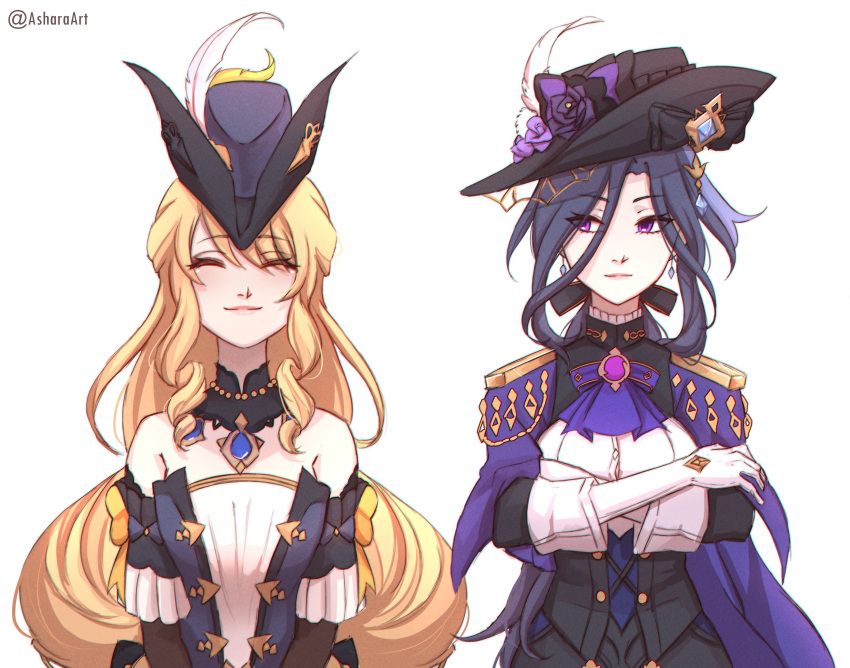 2girls ^_^ absurdres asharaart black_bow black_corset black_dress black_hair black_headwear blonde_hair blush bow breasts cape clorinde_(genshin_impact) closed_eyes corset dress english_commentary epaulettes genshin_impact hair_between_eyes hat hat_bow hat_feather headwear_switch highres long_hair looking_to_the_side medium_breasts multiple_girls navia_(genshin_impact) orange_bow purple_bow purple_cape smile straight-on tricorne twitter_username very_long_hair violet_eyes white_background
