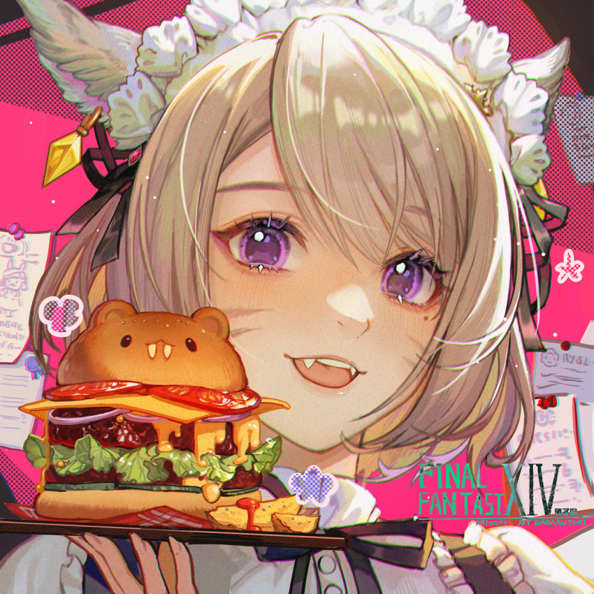1girl :d animal_ears artist_name black_ribbon blonde_hair burger cat_ears cat_girl copyright_name earrings english_text fangs final_fantasy final_fantasy_xiv food guan_tang_baozi highres holding holding_tray jewelry light_blush looking_at_viewer maid maid_headdress miqo'te mole mole_under_eye neck_ribbon paper ribbon short_hair smile solo tray violet_eyes warrior_of_light_(ff14)