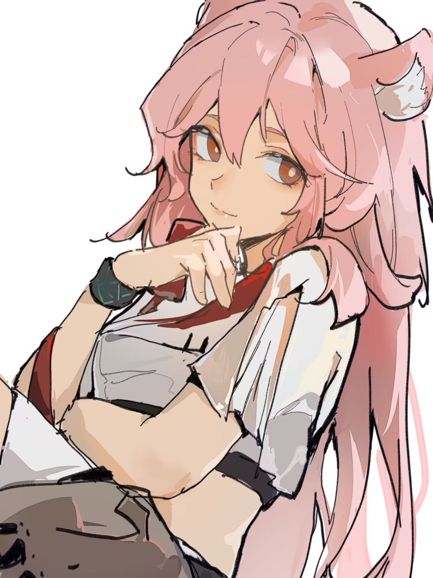 1girl animal_ears arknights bright_pupils brown_eyes closed_mouth crop_top cropped_shirt gravel_(arknights) hair_between_eyes hand_on_own_chin hand_up highres infection_monitor_(arknights) long_hair looking_to_the_side pink_hair shirt short_sleeves sia_di_gou simple_background sitting sketch smile solo split_mouth upper_body white_background white_pupils white_shirt