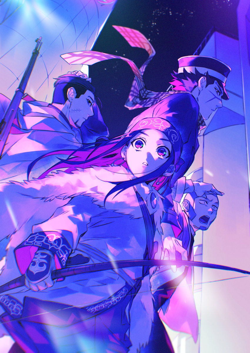 1girl 3boys asirpa bald bow_(weapon) brown_hair cape chest_jewel cloak eyelashes fingernails from_side fur_cape gem golden_kamuy gun hand_on_another's_head hat headband highres holding holding_bow_(weapon) holding_weapon light_particles long_hair looking_at_viewer multiple_boys night night_sky open_mouth outdoors oziozi_kamuy pants plaid plaid_scarf purple_gemstone purple_headband purple_headwear purple_pants purple_scarf purple_theme scar scar_on_face scarf shiraishi_yoshitake short_hair sky star_(sky) starry_sky sugimoto_saichi tanigaki_genjirou teeth upper_teeth_only v-shaped_eyebrows very_short_hair violet_eyes weapon weapon_on_back white_cape white_cloak white_tunic wide-eyed